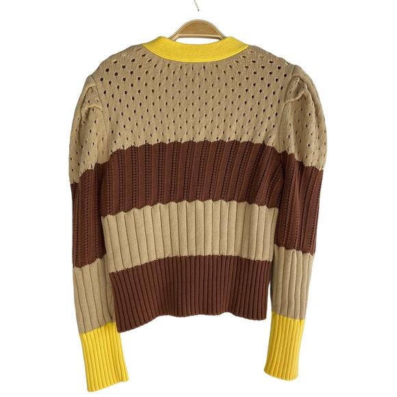 Calligraphie Y2K Rugby Striped Cardigan Sweater Women XL Brown Yellow Academia - Picture 2 of 8